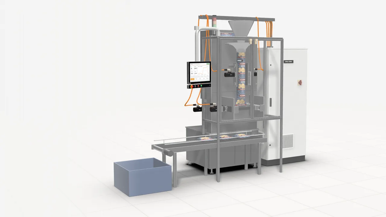 3D model of a vertical form-fill-seal packaging machine on B&R automation