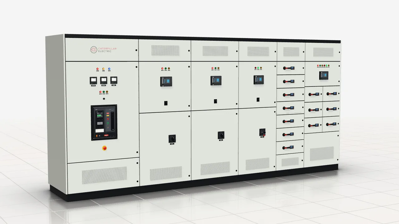 3D model of a Caterpillar Electric LT panel lineup with an ACB incomer, metering and drawout feeder modules